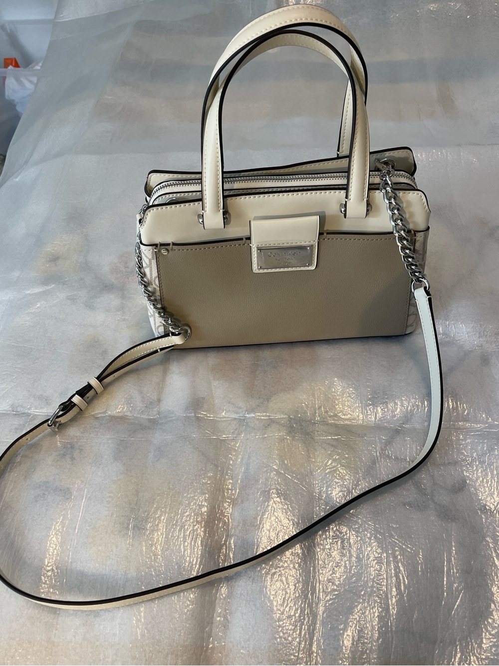 Calvin Klein Structured Two-Tone Cream & Taupe Shoulder/ Crossbody Bag- NWOT